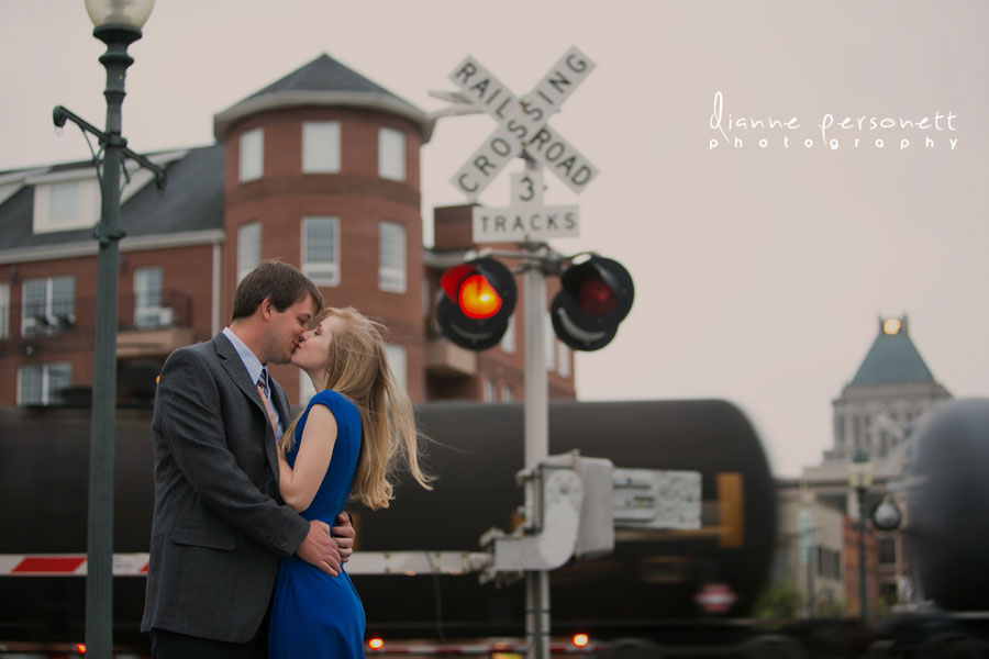 downtown greensboro nc engagement photos with trains