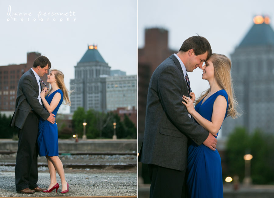 downtown greensboro nc engagement photos with trains