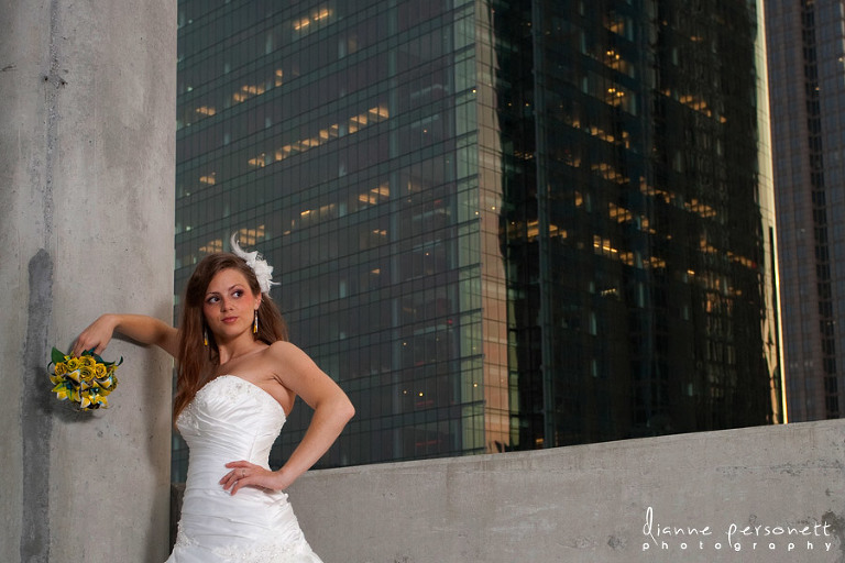 bridal photos on a parking deck Uptown Charlotte 