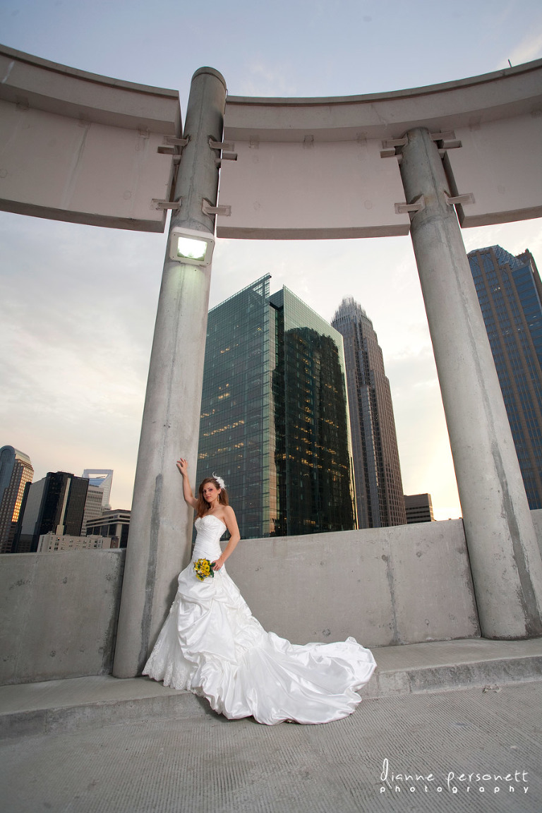 bridal photos on a parking deck Uptown Charlotte 