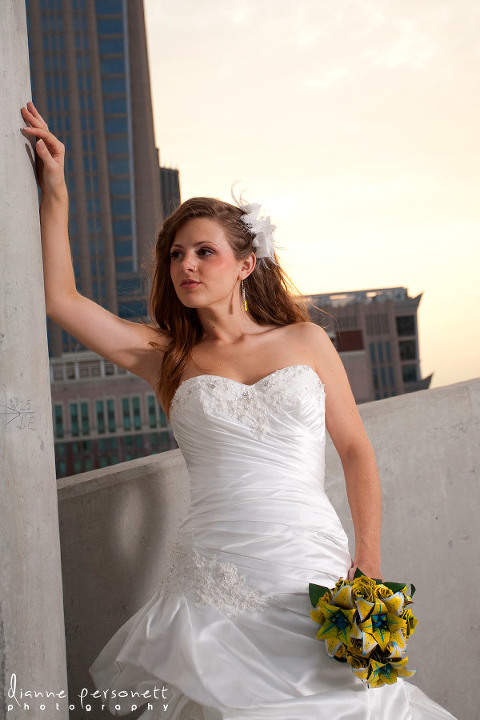 bridal photos on a parking deck Uptown Charlotte 