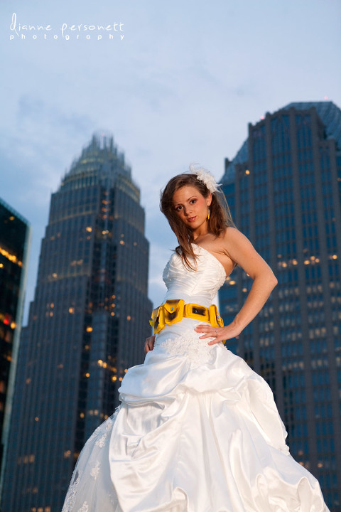 Uptown Charlotte bridal session photos, charlotte wedding photographer, bridal photos on a parking deck Uptown Charlotte, batman themed wedding and bridal photos