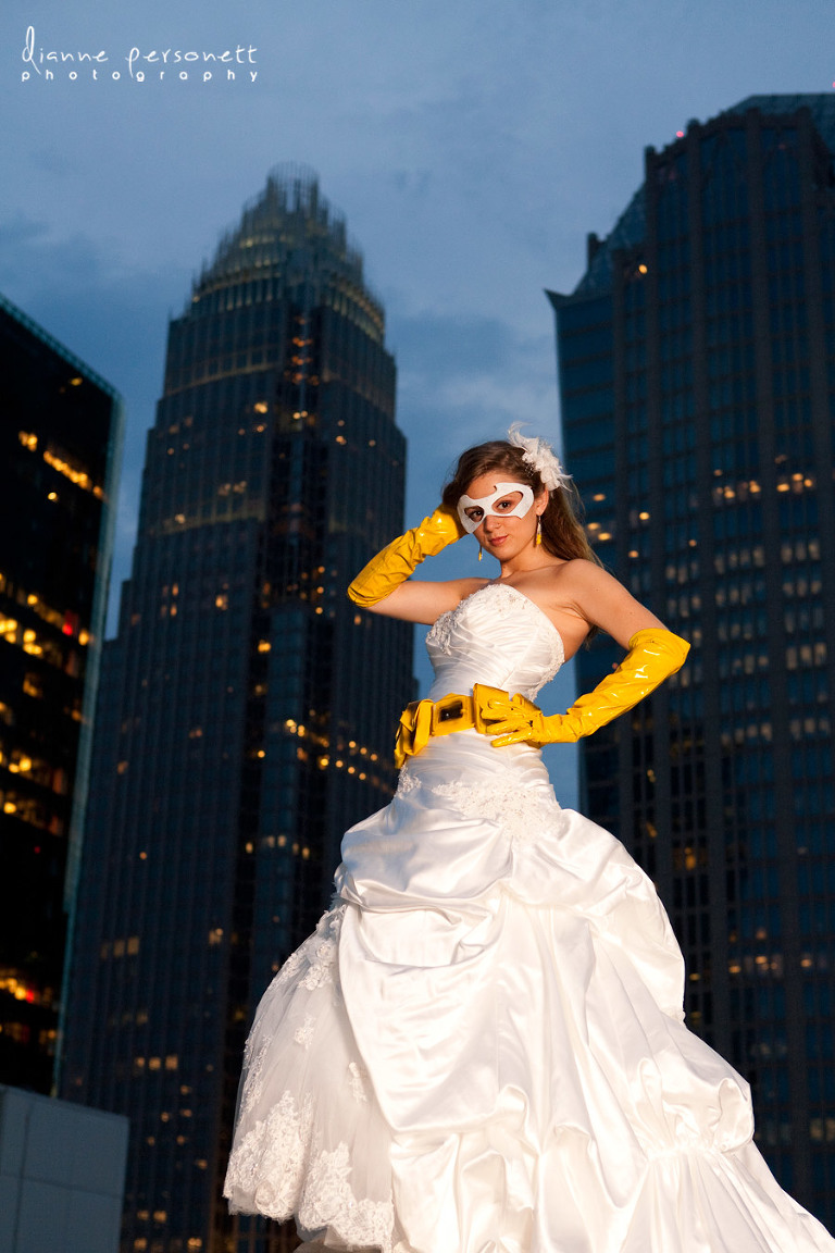 Uptown Charlotte bridal session photos, charlotte wedding photographer, bridal photos on a parking deck Uptown Charlotte, batman themed wedding and bridal photos