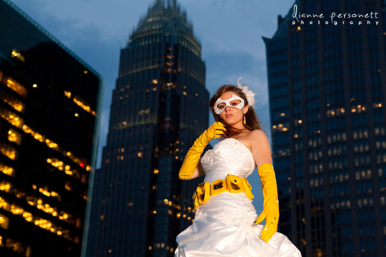 Uptown Charlotte bridal session photos, charlotte wedding photographer, bridal photos on a parking deck Uptown Charlotte, batman themed wedding and bridal photos