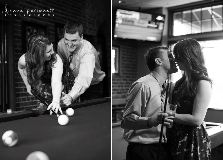 engagement photos at a pool hall charlotte fox and hound pool hall