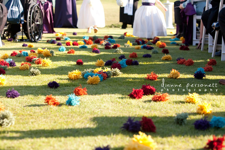 wedding photos at carmel country club charlotte nc, pom pom toss wedding recessional