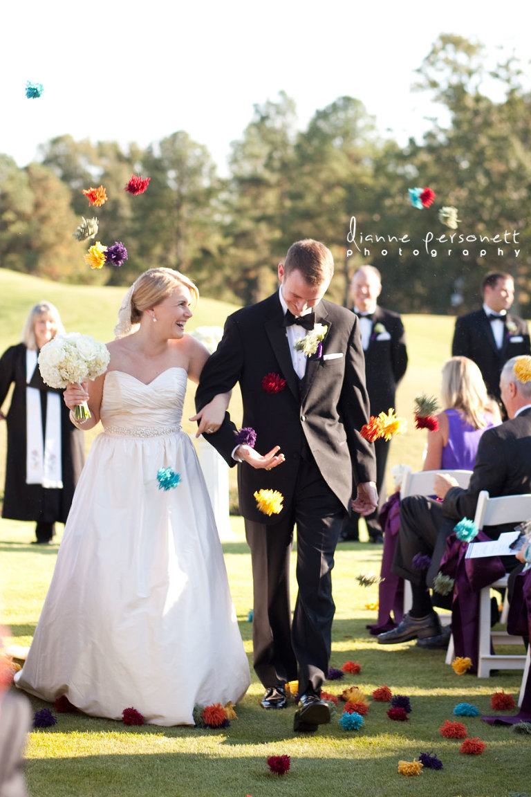 wedding photos at carmel country club charlotte nc, pom pom toss wedding recessional
