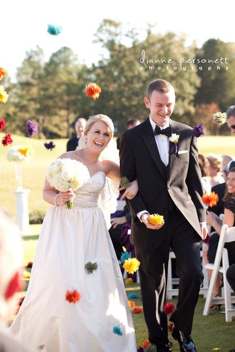 wedding photos at carmel country club charlotte nc, pom pom toss wedding recessional